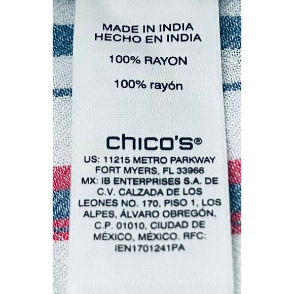 CHICO'S LONG BELL RAGLAN SLV BUTTON DOWN V-NECK BLOUSE, BLUE PINK BLACK STRIPE - Picture 10 of 11